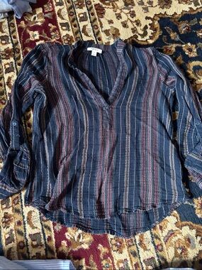 Style & Co. Striped V-Neck Long Sleeve Top - Navy and Rust